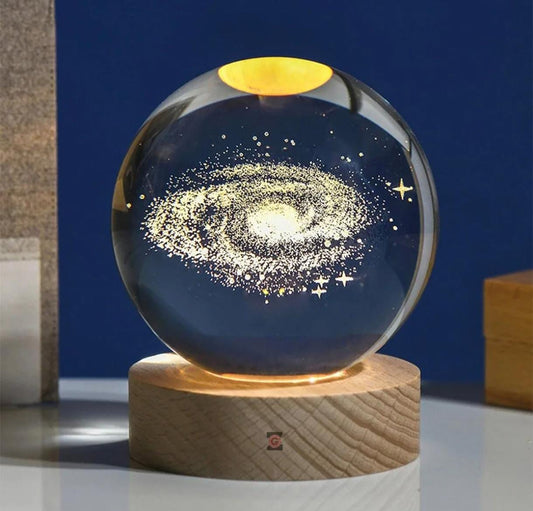 Samanyolu Galaksi Toz Bulutu Ahşap Standlı Nebula Galaxy Led Işıklı Cam Ay Küre